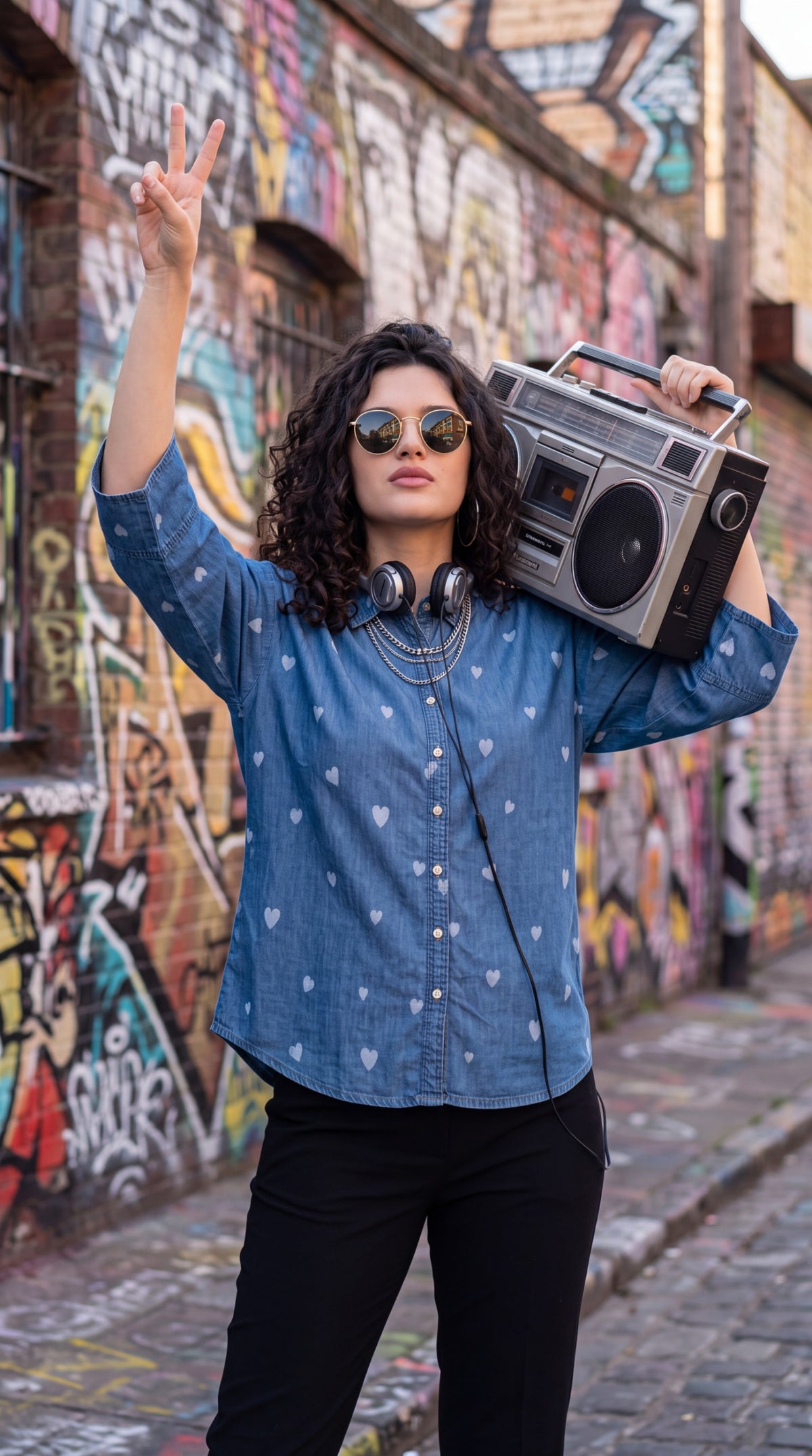 All-Over Heart Print Denim Shirt