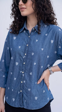 All-Over Heart Print Denim Shirt