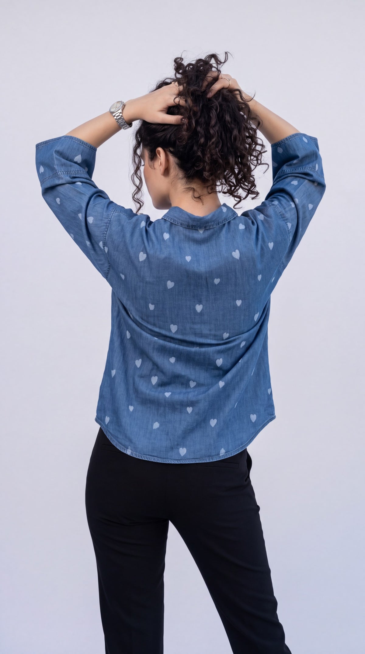 All-Over Heart Print Denim Shirt