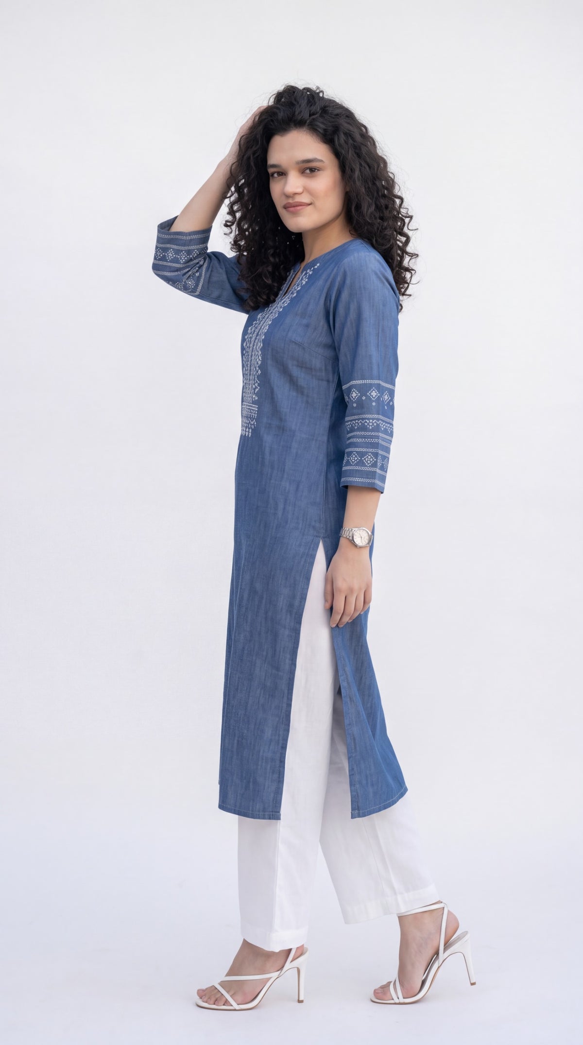 Cross Stitch Denim Indigo Kurta - Etiquette Apparel