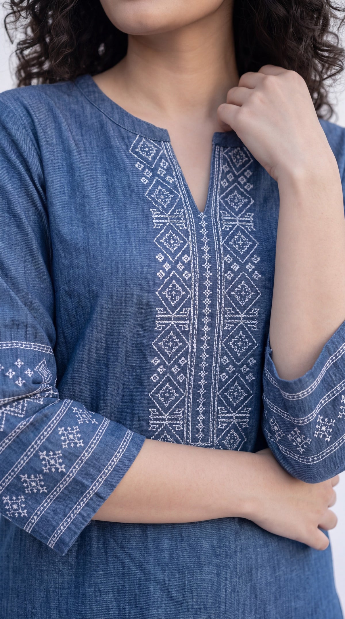 Cross Stitch Denim Indigo Kurta - Etiquette Apparel