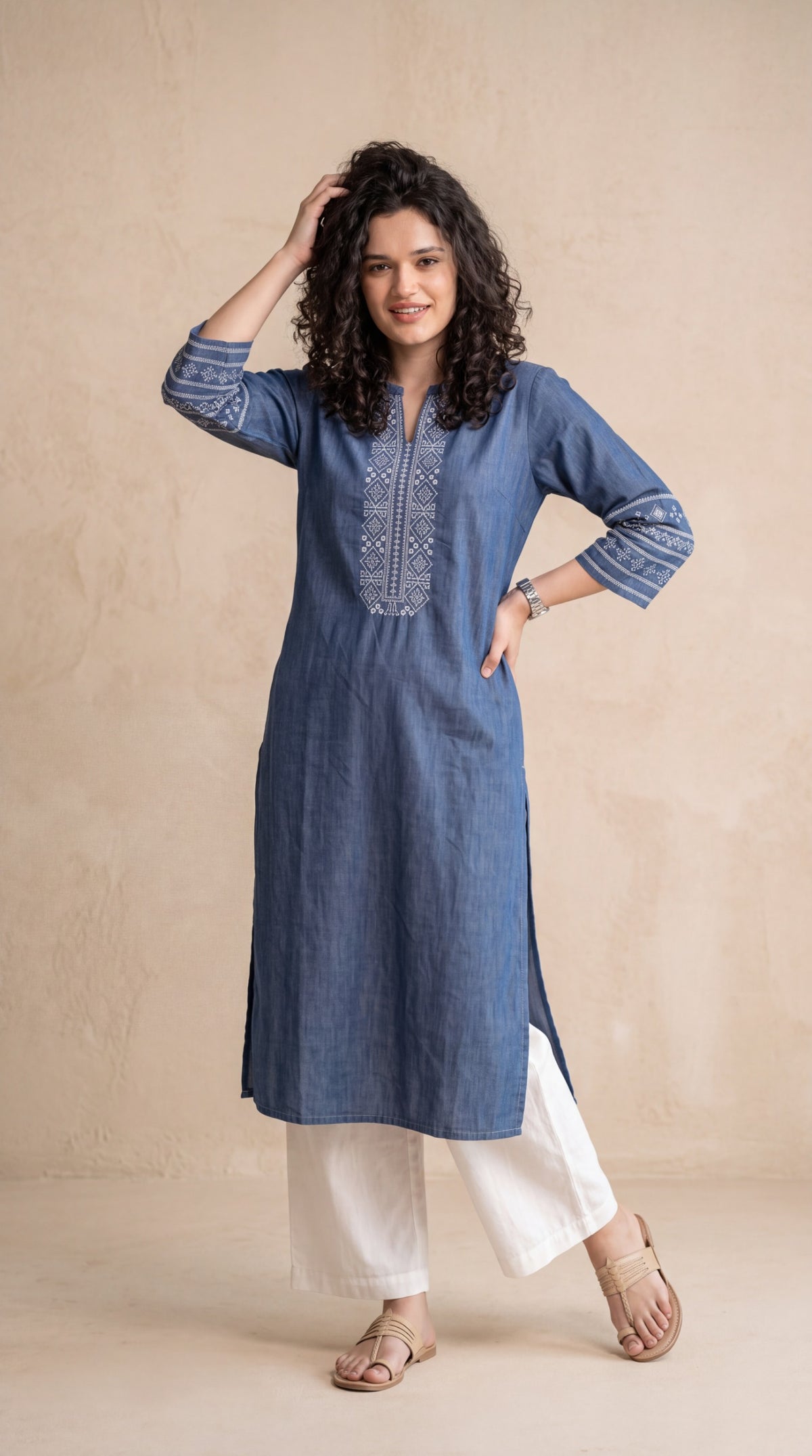 Cross Stitch Denim Indigo Kurta - Etiquette Apparel