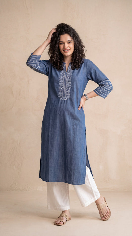 Cross Stitch Denim Indigo Kurta - Etiquette Apparel