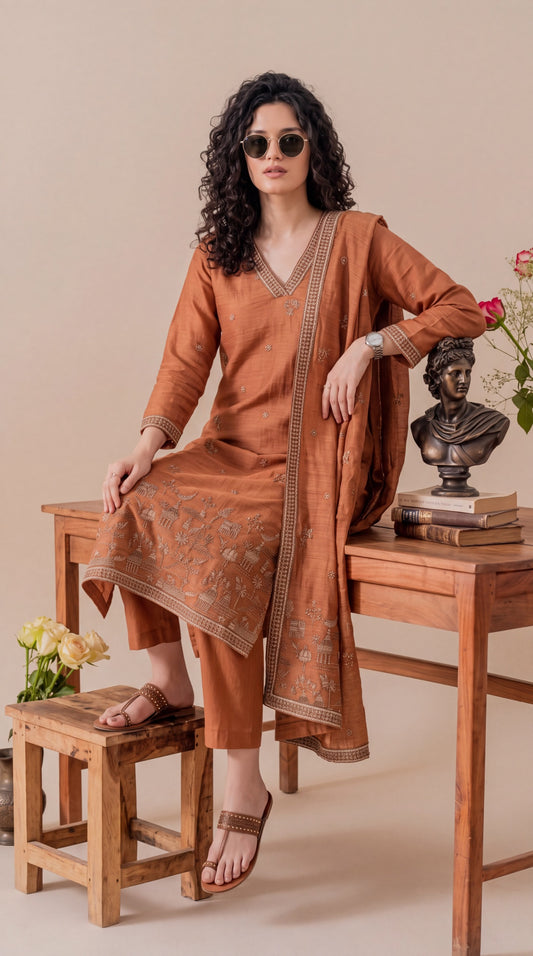 Chanderi Embroidered Straight Kurta Set - Etiquette Apparel