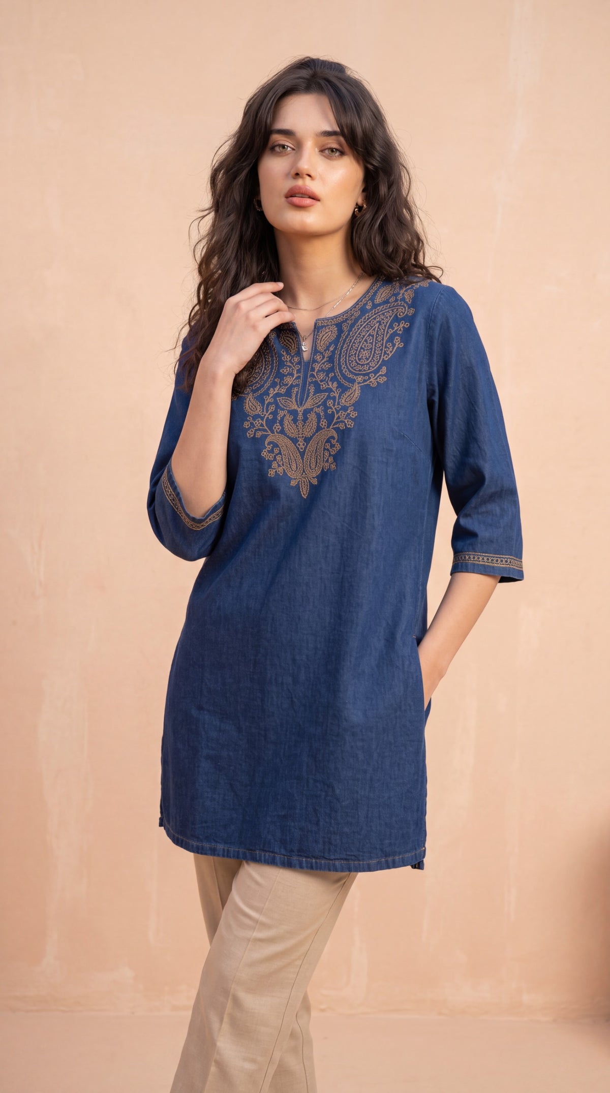 Paisley Embroidered Denim Top
