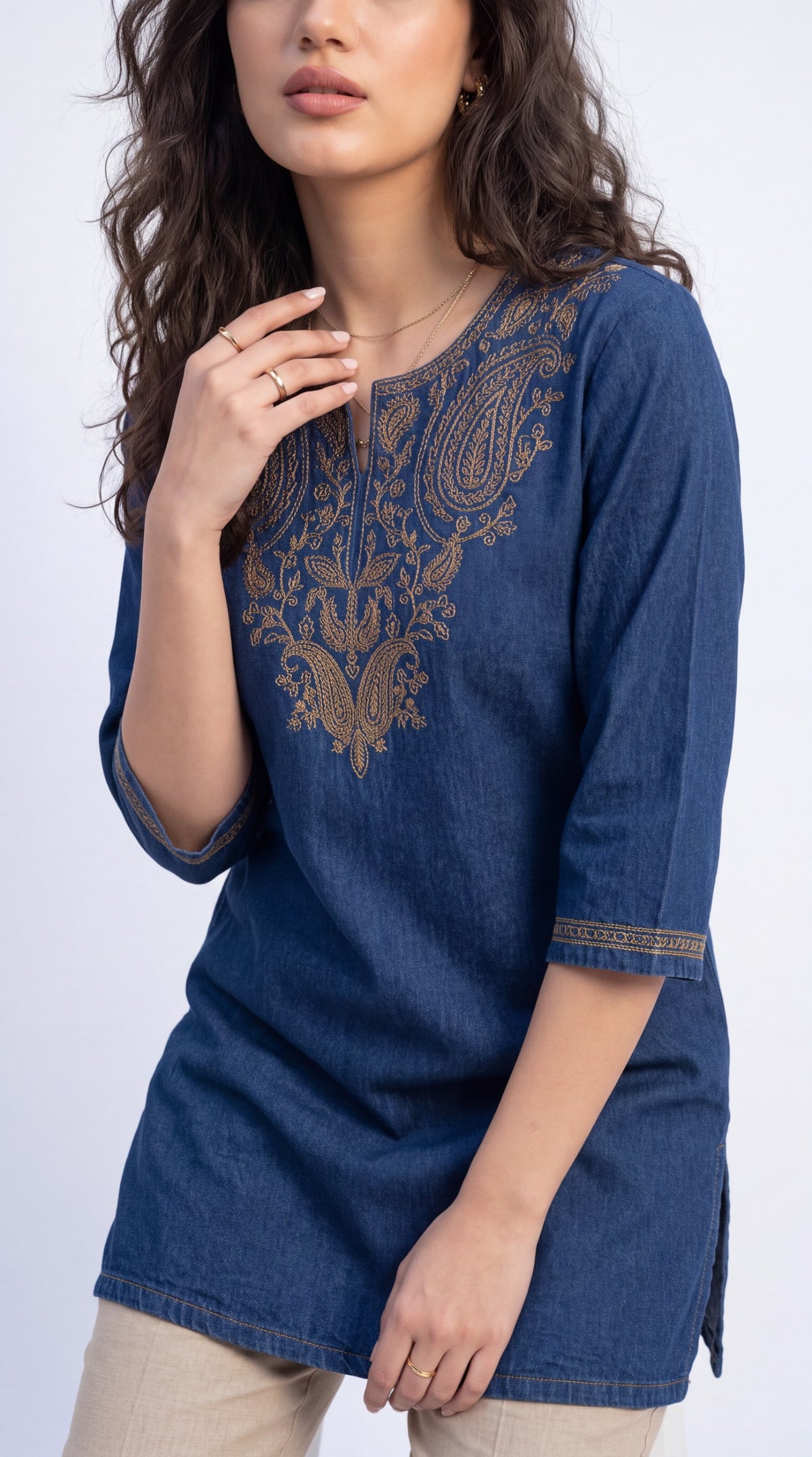 Paisley Embroidered Denim Top