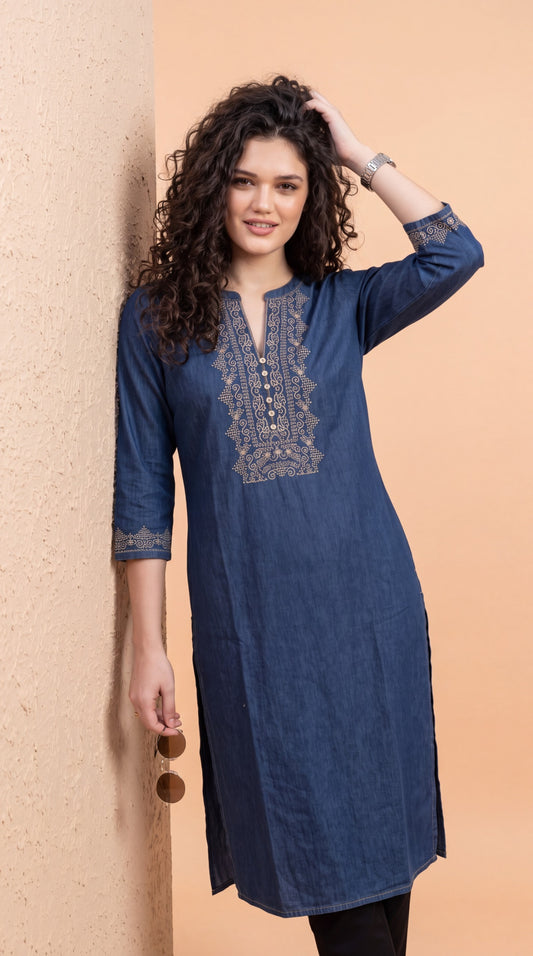 Intricate Embroidery Denim Kurta