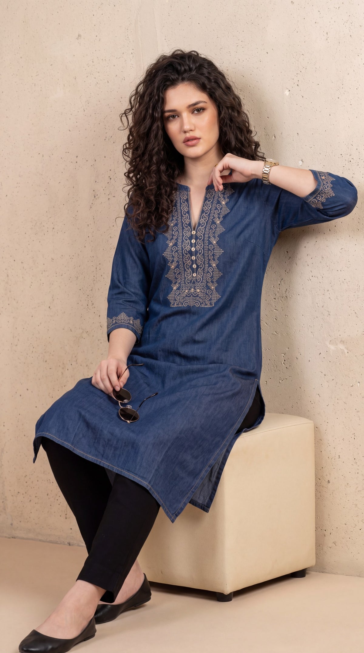 Intricate Embroidery Denim Kurta