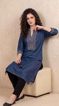 Intricate Embroidery Denim Kurta