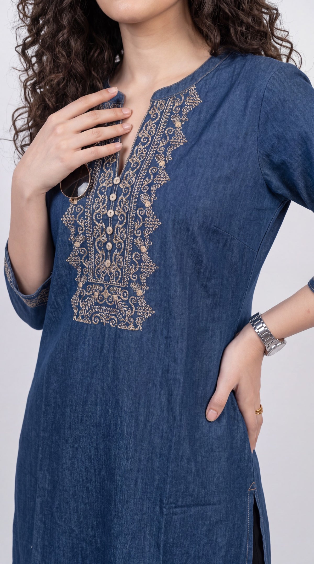 Intricate Embroidery Denim Kurta