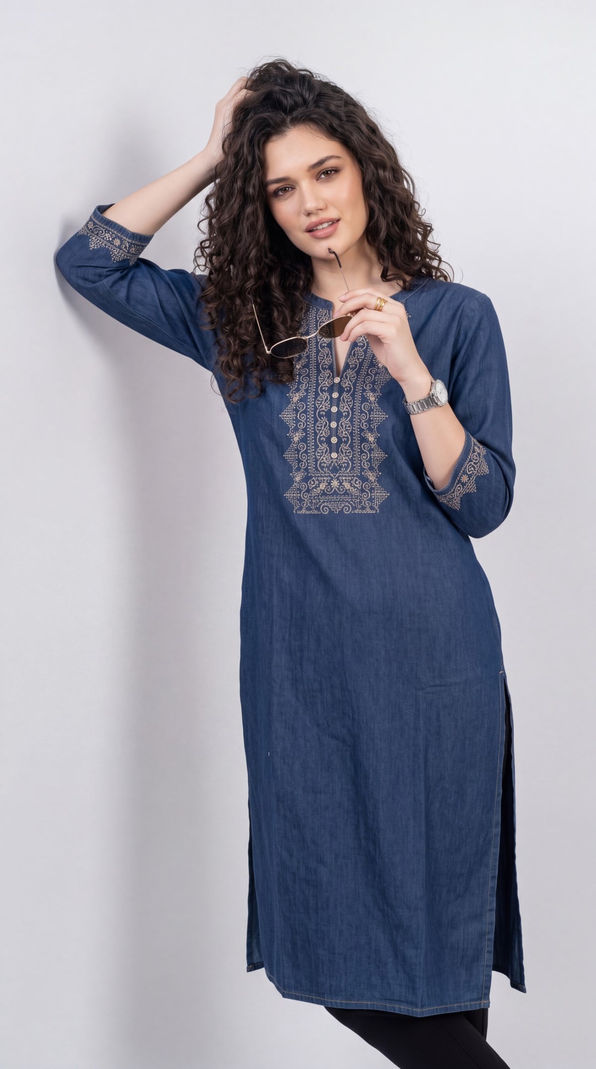 Intricate Embroidery Denim Kurta