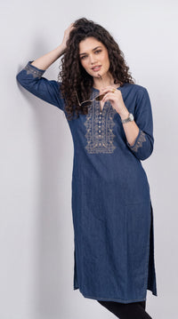Intricate Embroidery Denim Kurta