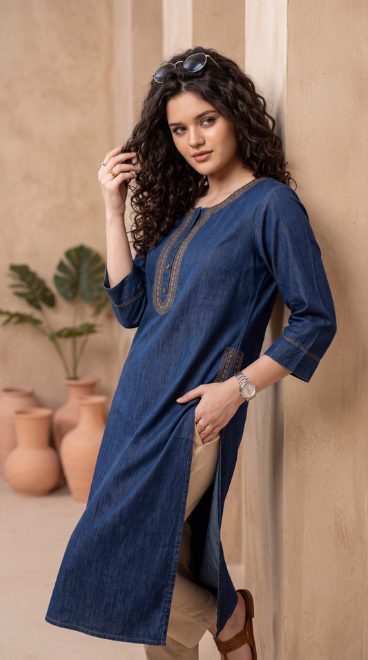 Embroidered Denim Straight Kurta - Etiquette Apparel