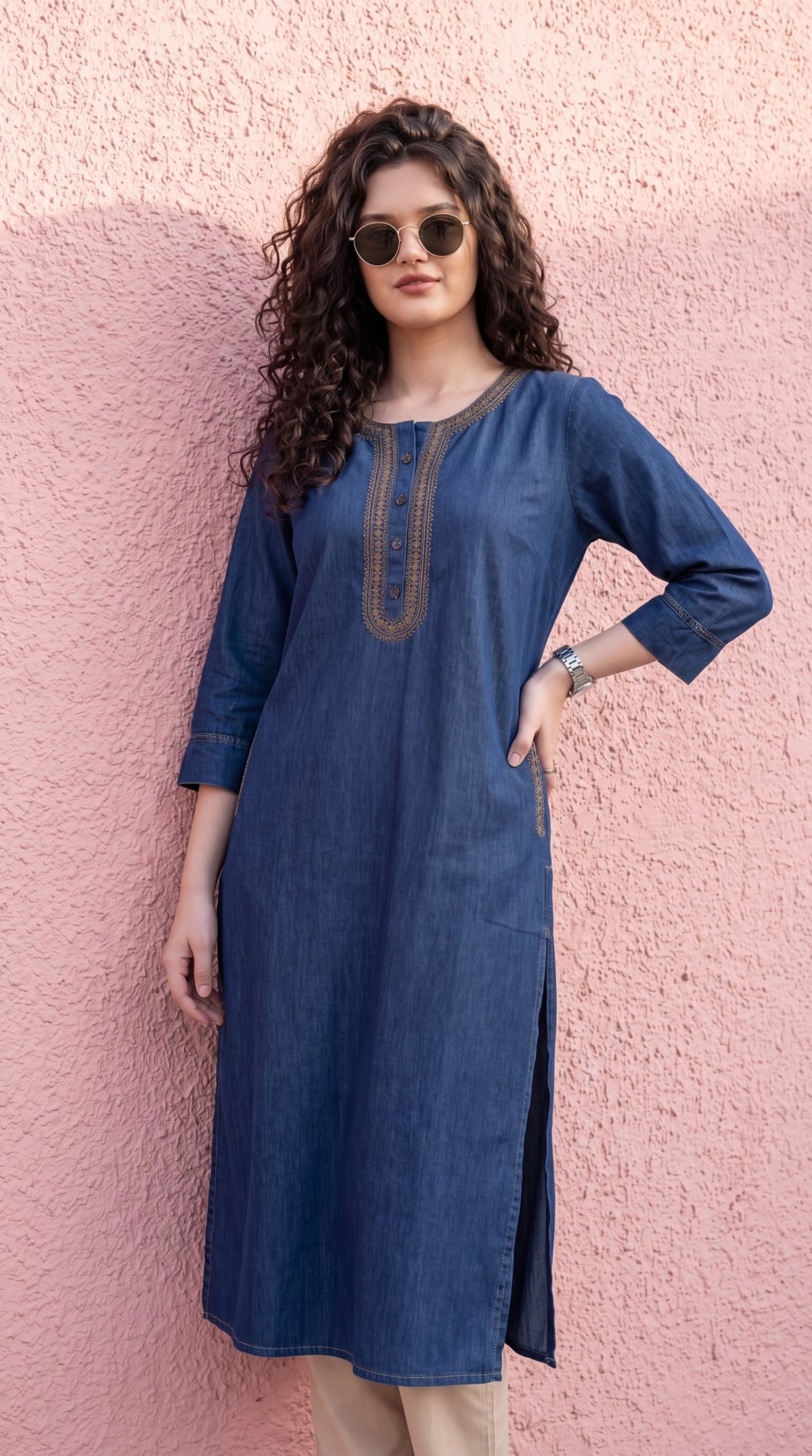 Embroidered Denim Straight Kurta