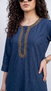 Embroidered Denim Straight Kurta