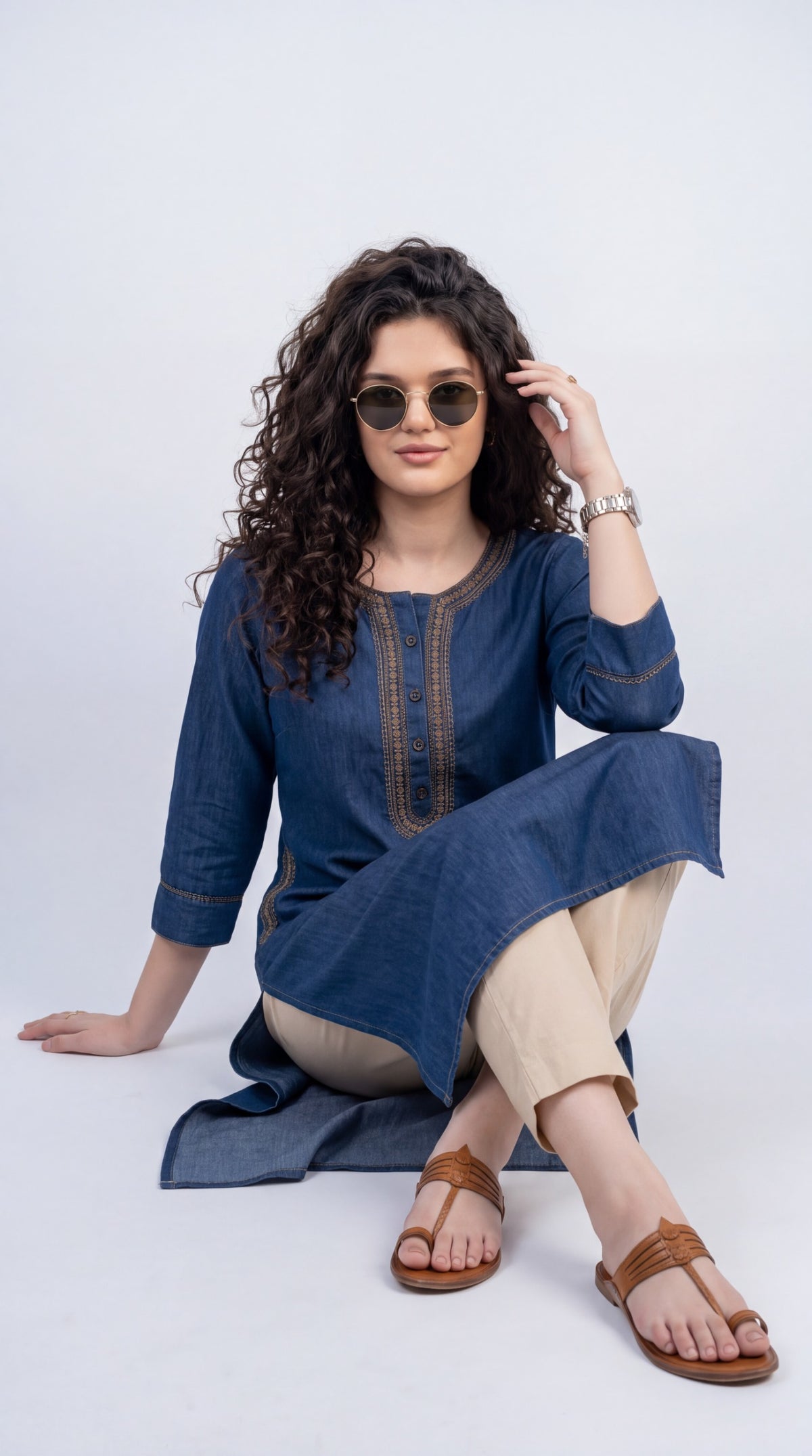 Embroidered Denim Straight Kurta
