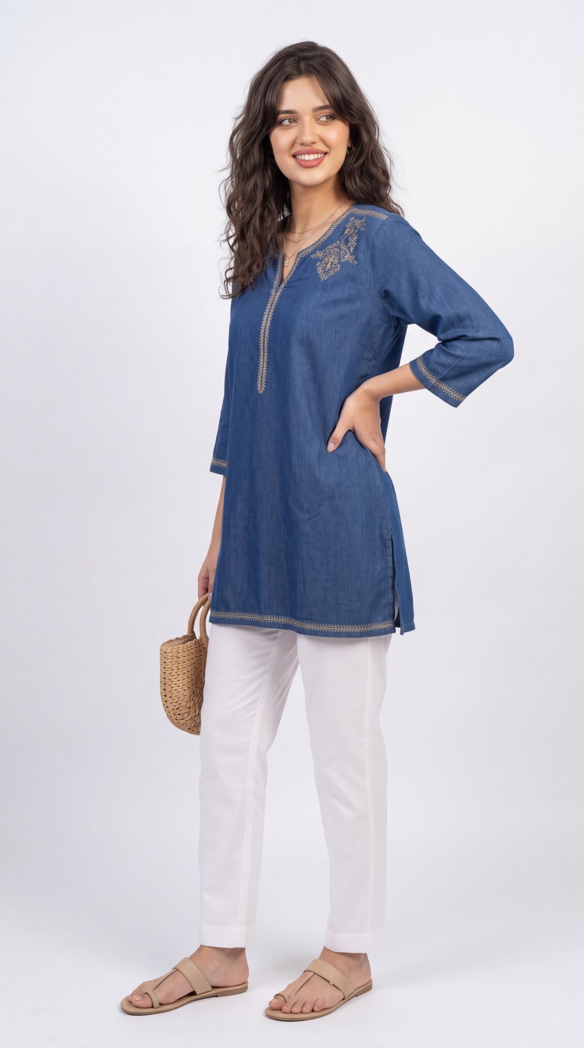 Denim Signature Embroidered Tunic - Etiquette Apparel