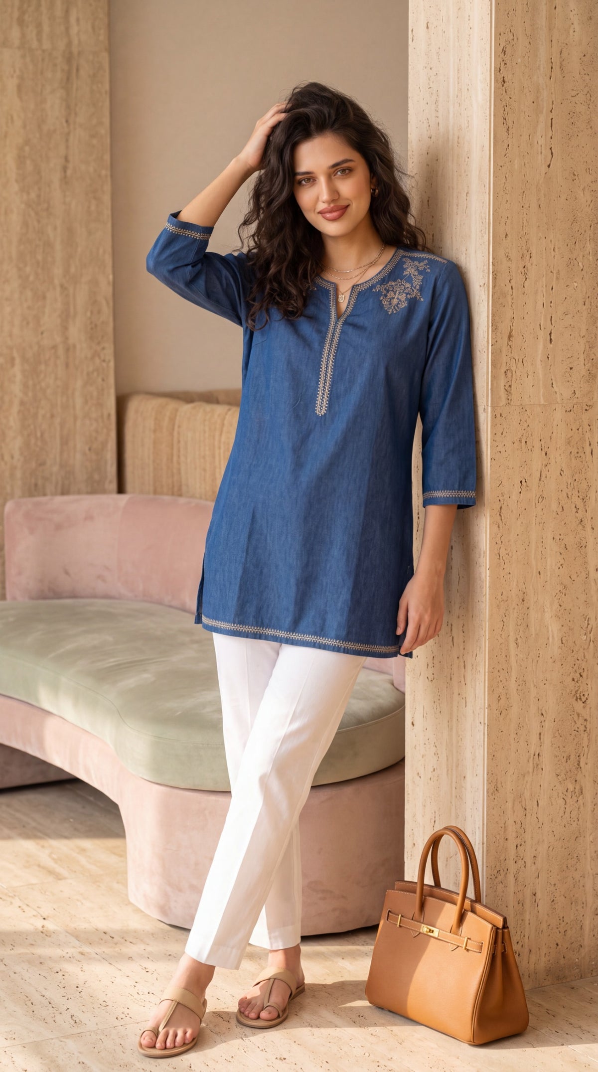 Denim Signature Embroidered Tunic - Etiquette Apparel