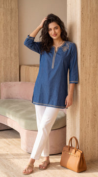 Denim Signature Embroidered Tunic - Etiquette Apparel