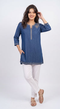 Denim Signature Embroidered Tunic - Etiquette Apparel