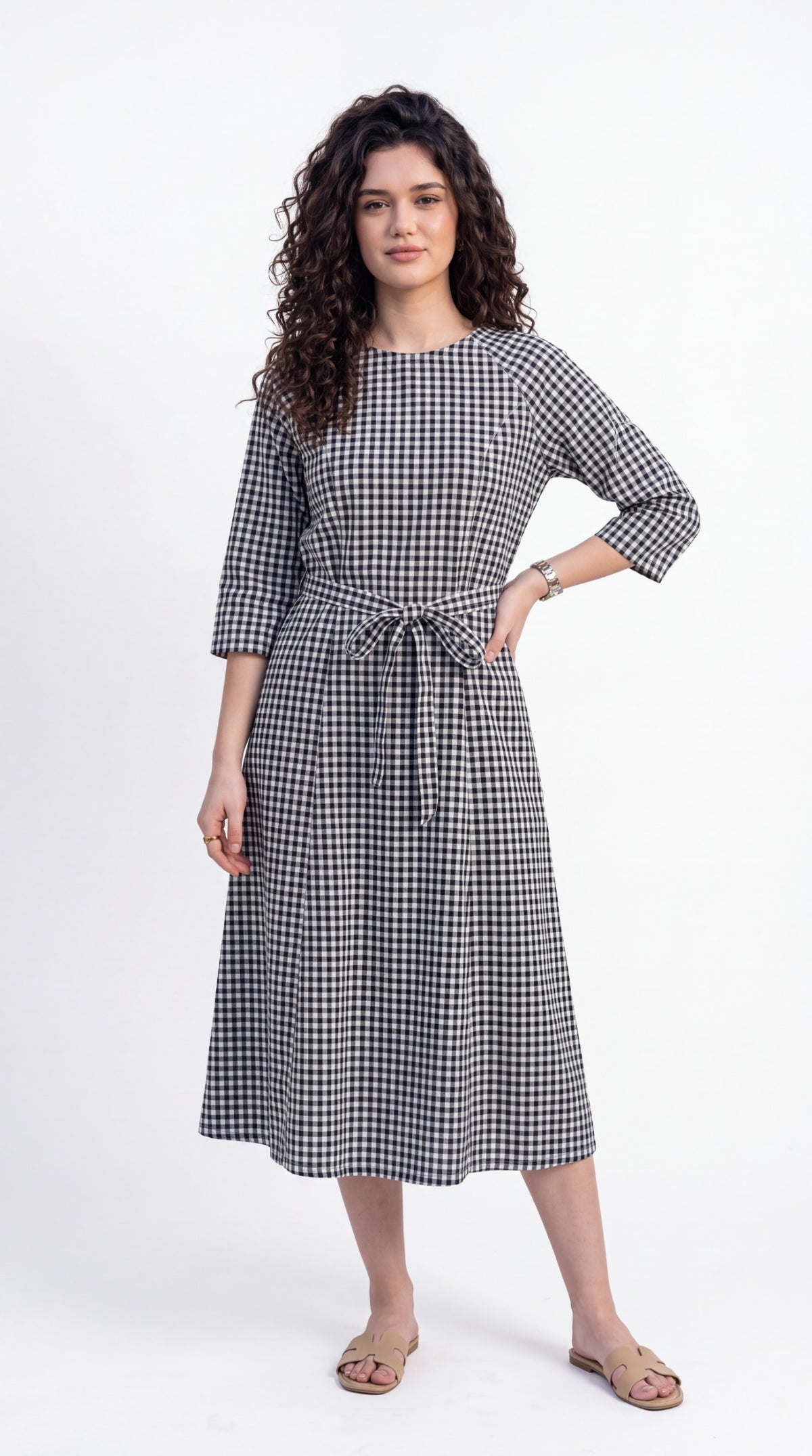 Gingham Print Tie-Waist Dress - Etiquette Apparel