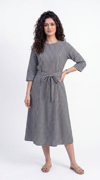 Gingham Print Tie-Waist Dress - Etiquette Apparel