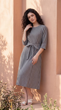 Gingham Print Tie-Waist Dress - Etiquette Apparel