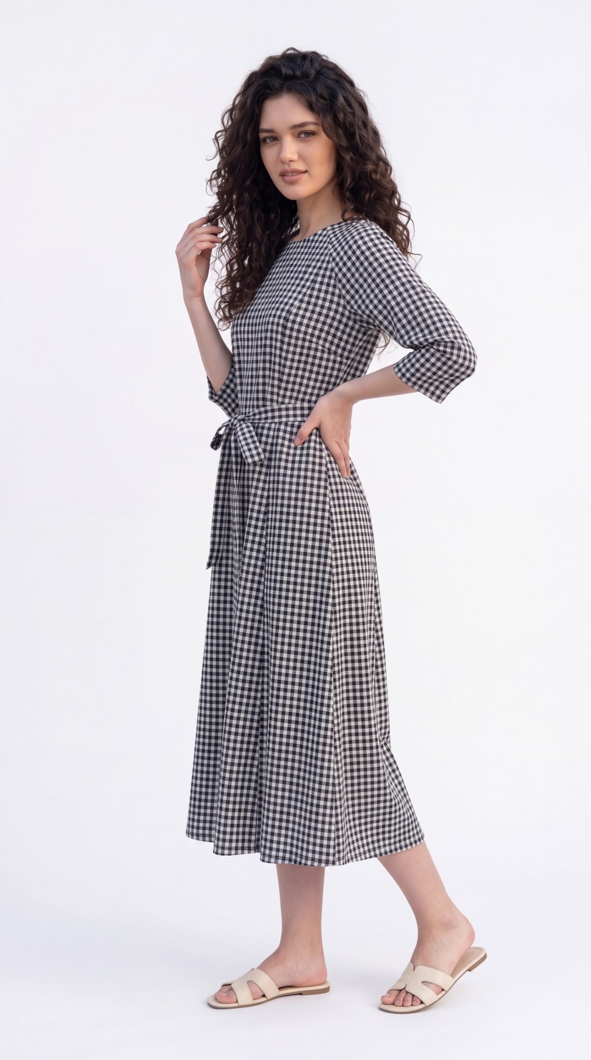 Gingham Print Tie-Waist Dress - Etiquette Apparel