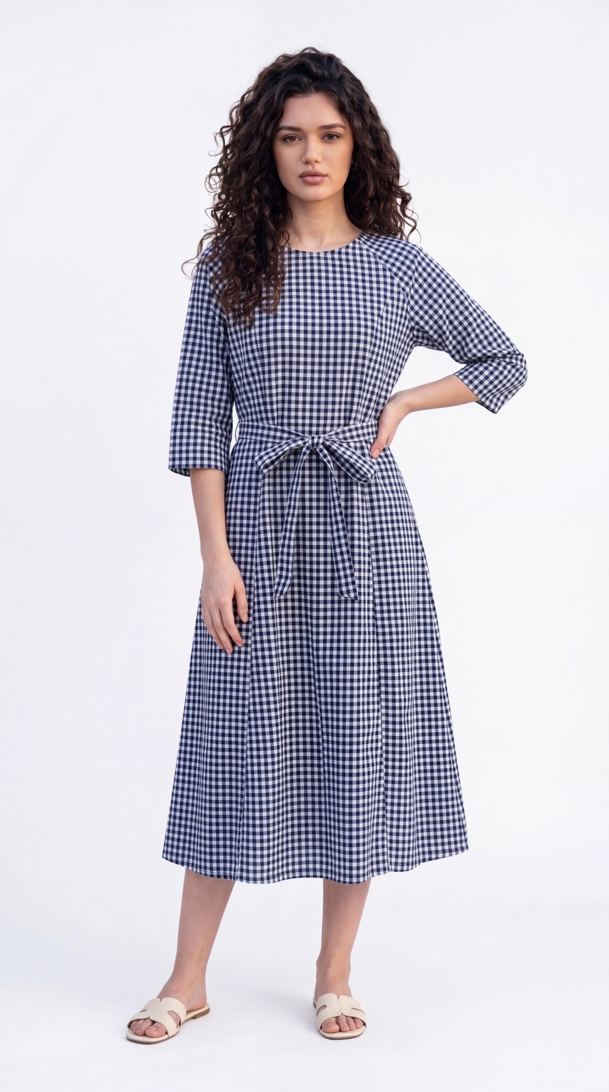 Gingham Print Tie-Waist Dress - Etiquette Apparel