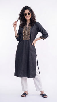 Intricate Embroidery Denim Kurta - Etiquette Apparel