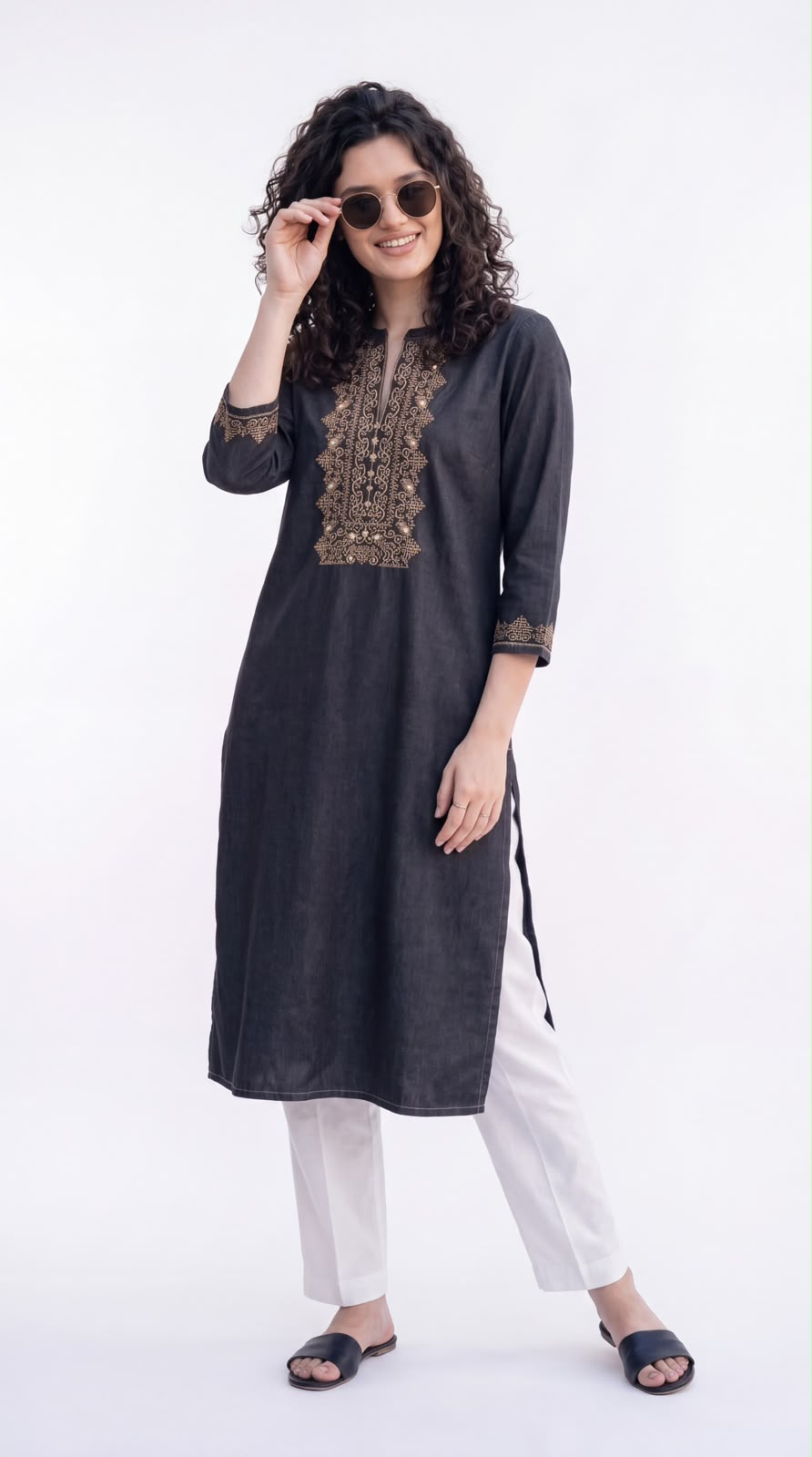 Intricate Embroidery Denim Kurta - Etiquette Apparel