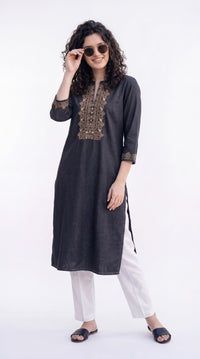 Intricate Embroidery Denim Kurta - Etiquette Apparel