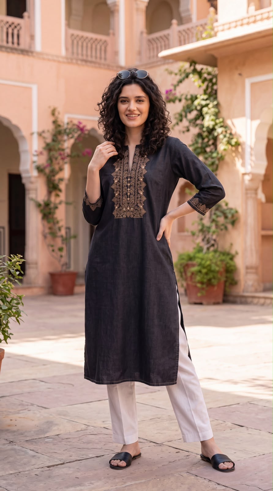 Intricate Embroidery Denim Kurta - Etiquette Apparel
