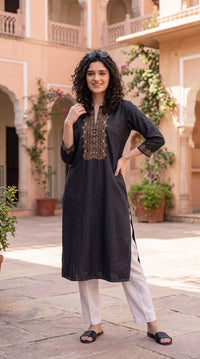 Intricate Embroidery Denim Kurta - Etiquette Apparel