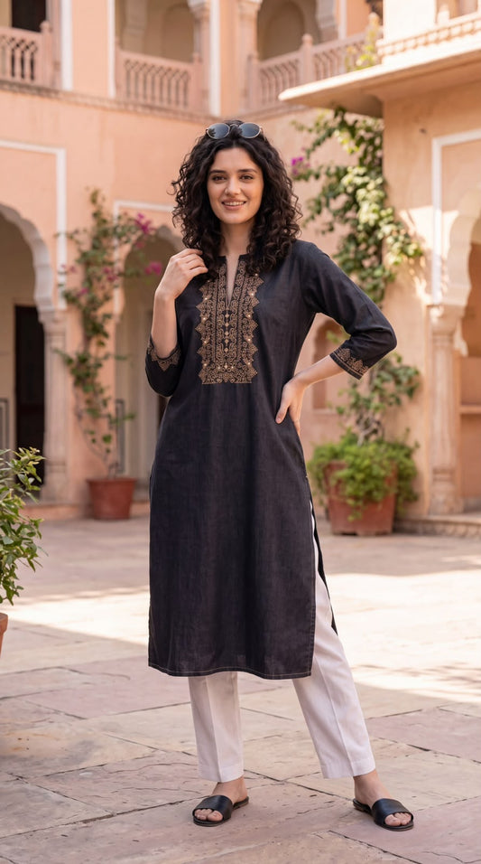 Intricate Embroidery Denim Kurta - Etiquette Apparel