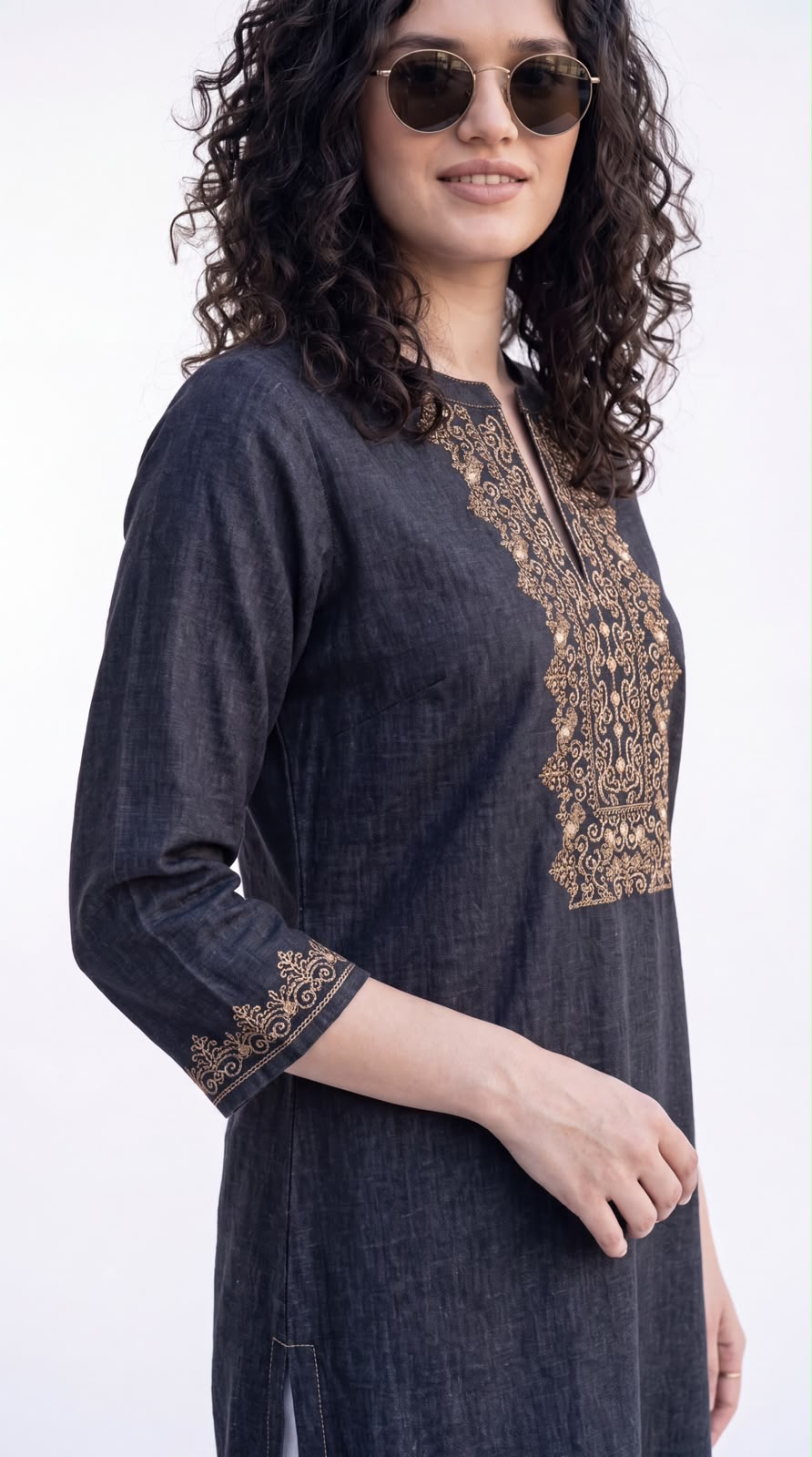 Intricate Embroidery Denim Kurta - Etiquette Apparel