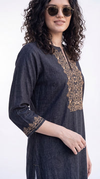 Intricate Embroidery Denim Kurta - Etiquette Apparel