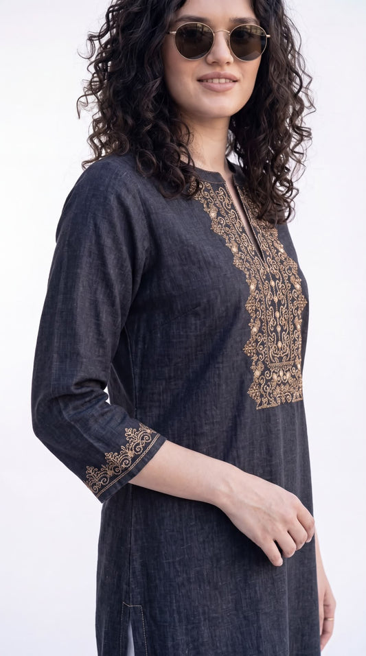 Intricate Embroidery Denim Kurta - Etiquette Apparel