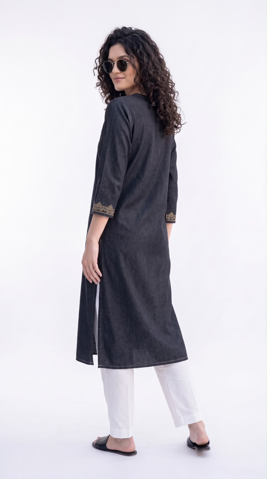 Intricate Embroidery Denim Kurta - Etiquette Apparel