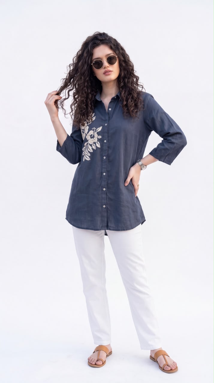 Floral Detail Cotton Shirt - Etiquette Apparel