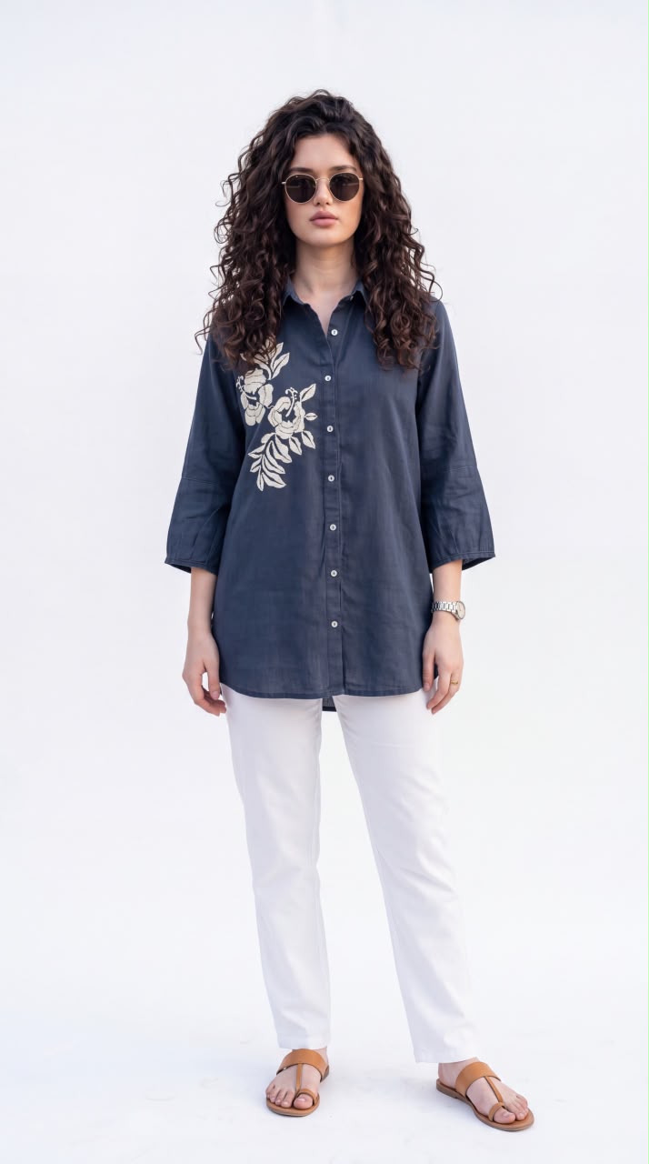 Floral Detail Cotton Shirt - Etiquette Apparel