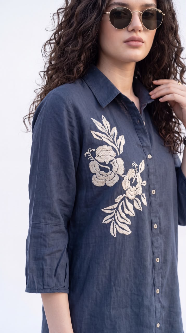 Floral Detail Cotton Shirt - Etiquette Apparel