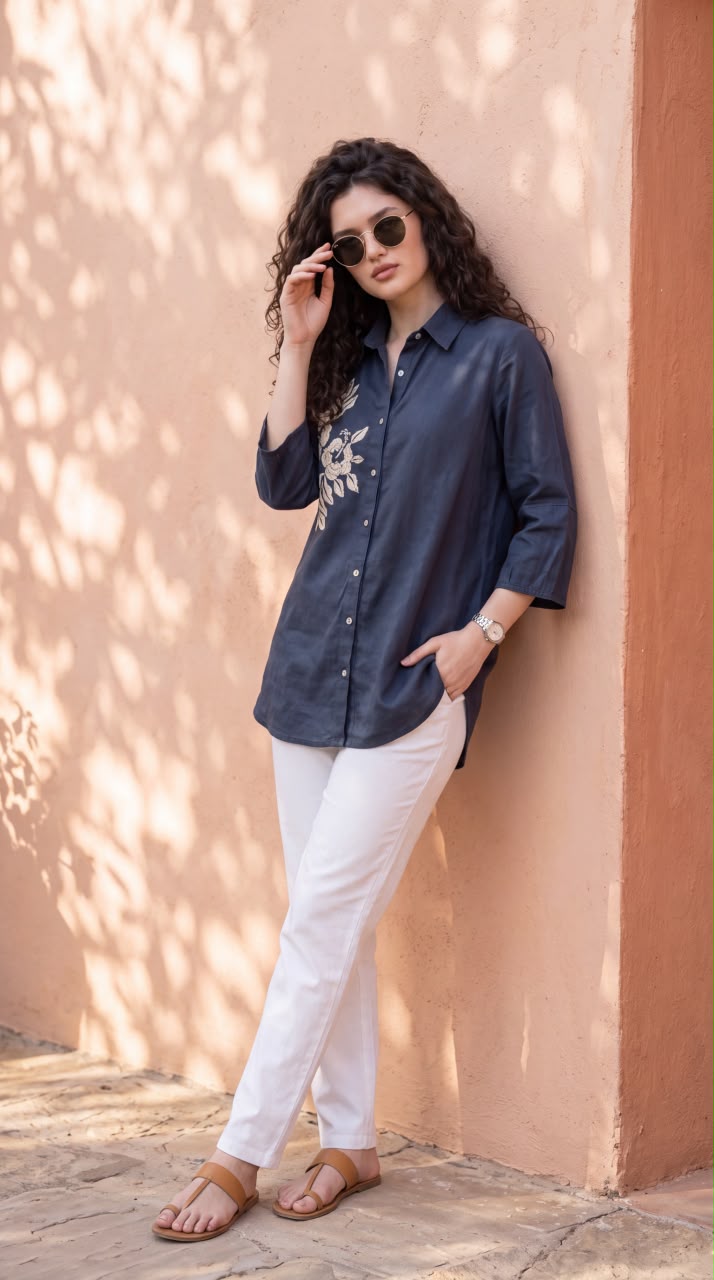 Floral Detail Cotton Shirt - Etiquette Apparel