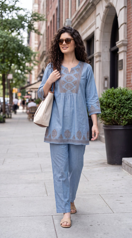 Embroidered Gathered-Yoke Co-ord Set