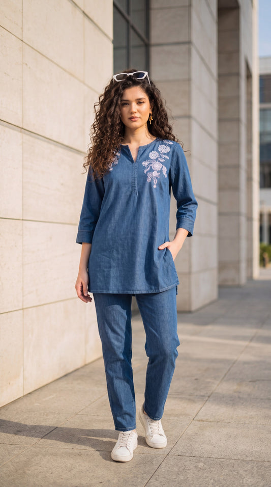 Floral Embroidered Denim Co-ord Set