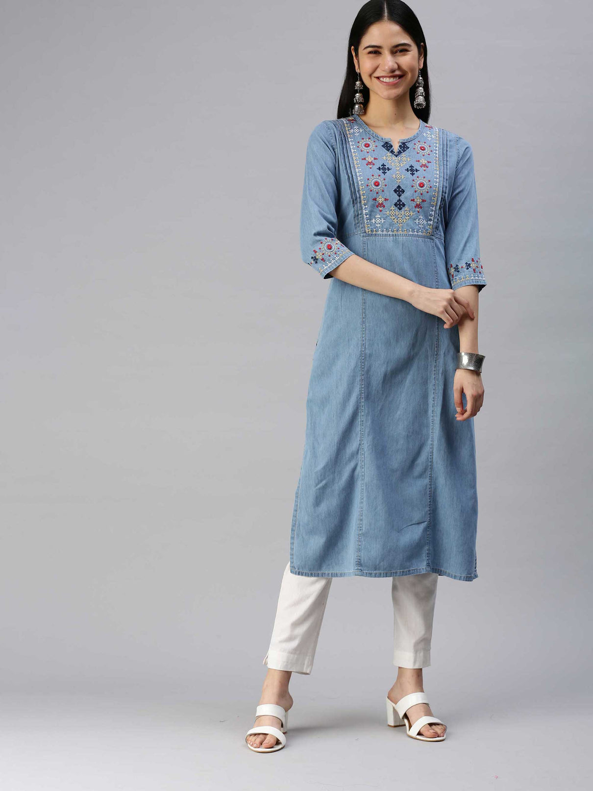 Indigo denim kurta with embroidered yoke and sleeves - Etiquette Apparel
