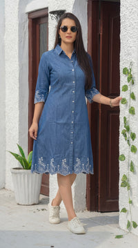 Indigo Denim Cutwork Dress - Etiquette Apparel