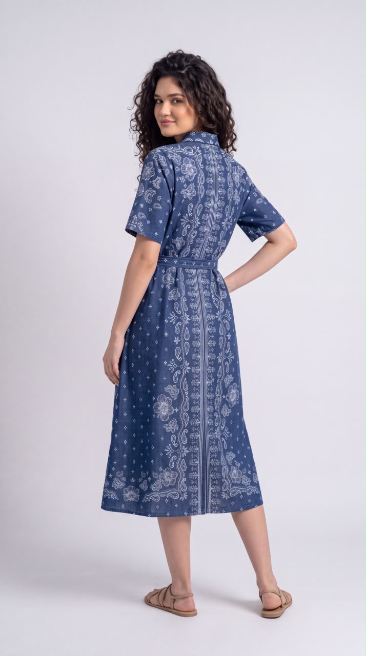 Floral Paisley Printed Denim Dress