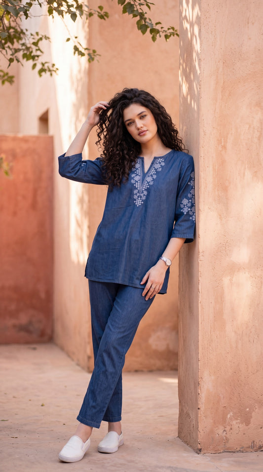 Contemporary Embroidered Denim Co-ord Set - Etiquette Apparel