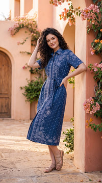 Floral Paisley Printed Denim Dress
